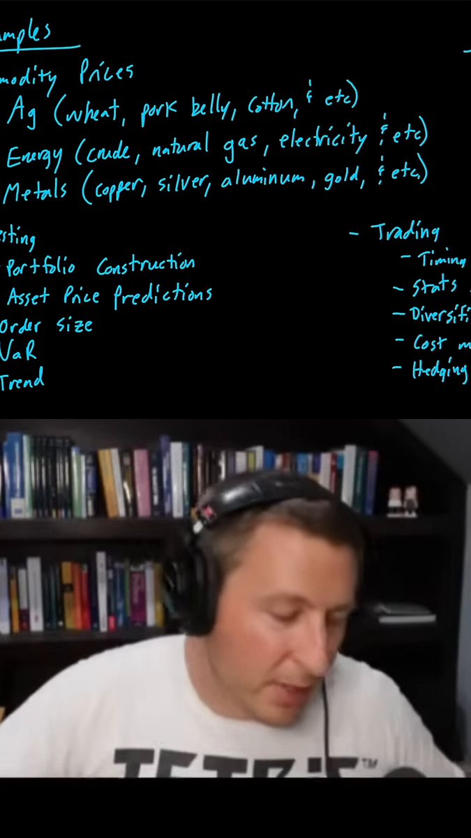 The image features a man wearing headphones sitting in front of a desk with a bookcase filled with books behind him. There are several books scattered around his workspace, including one about commodities. The title " Crypto Trading For Beginners" and an article titled " Crypto Traders Are Fighting Over BTC Positions", which appears to be the content related to the post's topic. Additionally, there is text that provides details on commodities' price trends in 2006.