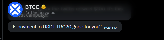 A screenshot of a Twitter DM conversation with 'BTCC' asking 'Is payment in USDT-TRC20 good for you?' sent at 8:48 PM.