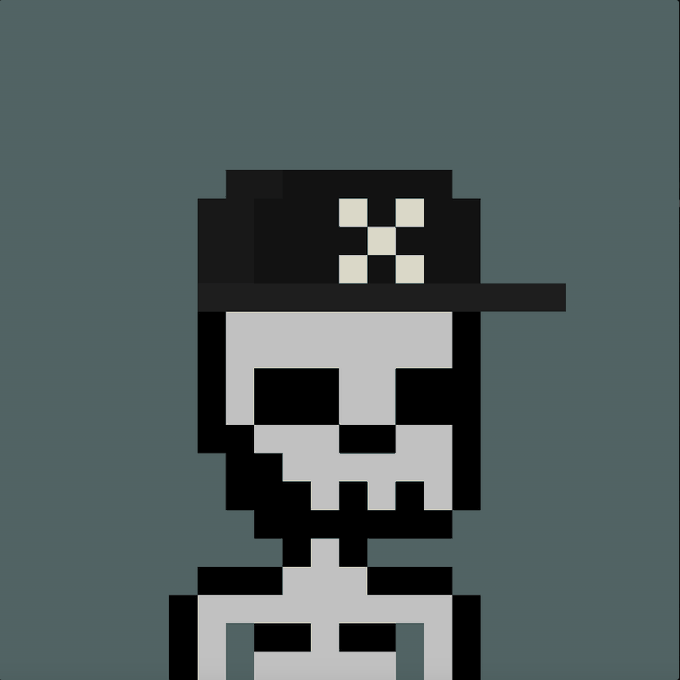 A pixelated, low-resolution portrait of a character wearing a black cap with a white cross design and a black-and-white skeleton face.