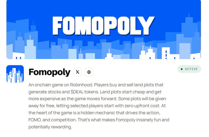 A marketplace-style listing titled “FOMOPOLY” advertises an onchain Roblox game where players buy and sell land plots, with a blue city skyline graphic and an “ACTIVE” status badge.