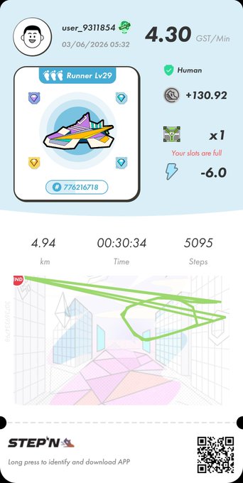 The image features a screenshot of an app screen showing someone's running progress, like their running speed, distance, steps taken, calories burned, and elevation gained during their run as well as personal data such as name, location and date & time information. The caption reads "Goodmorning! day1351 #STEPN".