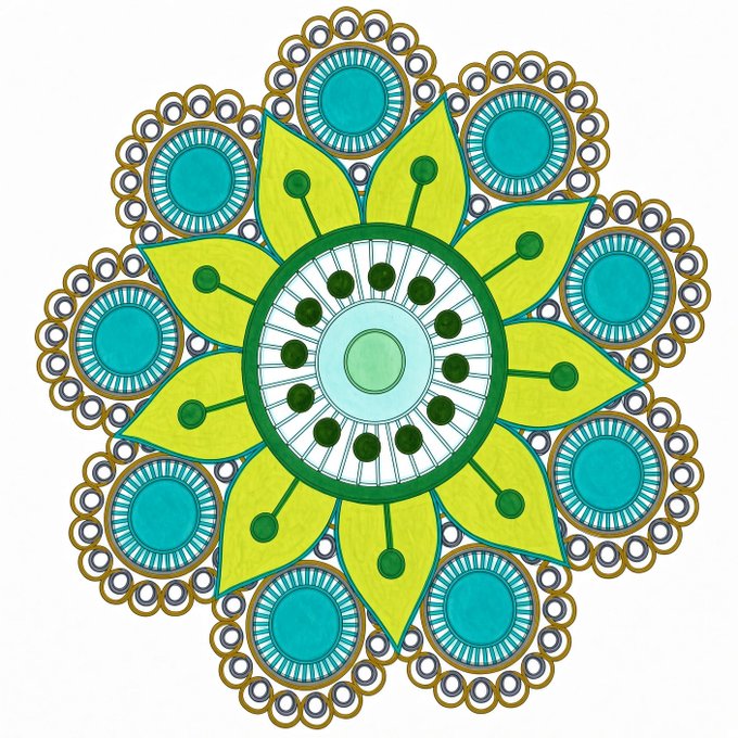 A colorful, symmetrical mandala design featuring a green and yellow flower-like center surrounded by teal circular patterns and gold accents.