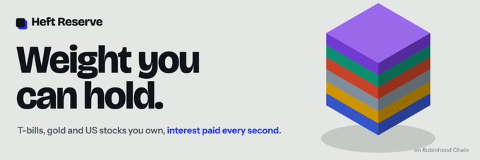 The image is a promotional banner for "Heft Reserve" featuring the tagline "Weight you can hold." alongside text reading "T-bills, gold and US stocks you own, interest paid every second," accompanied by a stacked, multi-colored cube graphic. The banner ties to the $HEFT token post by visually introducing the Robinhood token's branding on Moby.