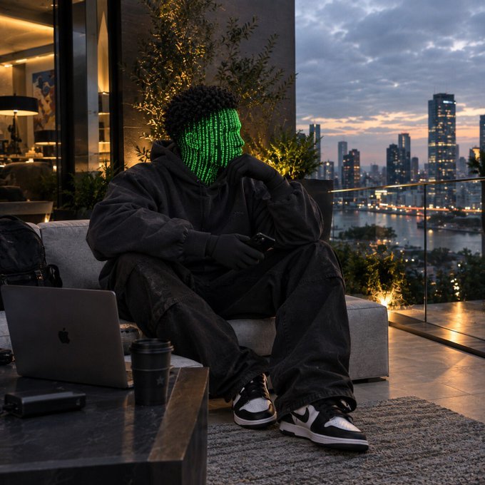 A stylized photo of a person sitting on a couch at dusk with a city skyline view, wearing black clothing and Nike sneakers, with their face obscured by a green LED matrix/matrix-code effect, while holding a phone next to an Apple laptop.