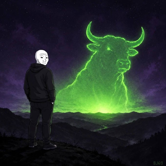 A hooded figure wearing a Wojak face mask stands on a mountaintop gazing up at a massive, glowing green bull (reminiscent of the Bull & Bear statues of Wall Street) emerging from the mist—a visual metaphor for "Eth szn loading" (Ethereum season) and the looming bullish momentum ahead. The artist's signature "8J69" is visible in the bottom right corner.