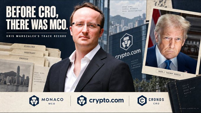 A promotional-style graphic titled "BEFORE CRO, THERE WAS MCO. KRIS MARSZALEK'S TRACK RECORD" features a central portrait of Crypto.com CEO Kris Marszalek, flanked by archived folders on the left labeled "STARLINE," "BEECHAZY," and "EMSOGO," and a photo of Donald Trump labeled "2025 | TRUMP MEDIA" on the right, with logos for MONACO, crypto.com, and CRONOS displayed at the bottom. The image supports the post's narrative by visually tying Marszalek's current CRO/Cronos dealings with Trump back to his earlier Monaco ($MCO) ventures and opaque corporate history.