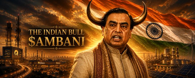 A dramatic promotional image titled 'The Indian Bull $AMBANI' showing a man with bull horns superimposed on an industrial Indian landscape with the national flag and refinery towers in the background.