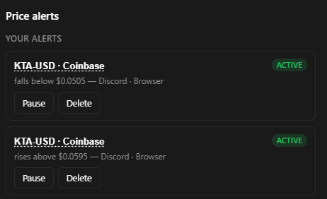 A price alerts dashboard showing two active KTA-USD Coinbase alerts - one for falls below $0.0505 and another for rises above $0.0595, both set to Discord and Browser.