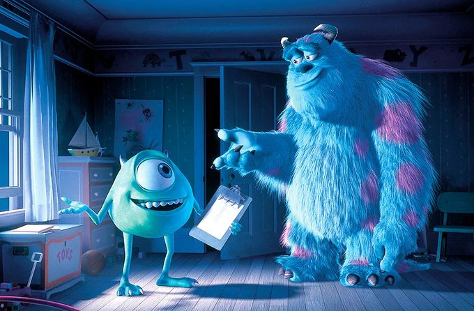 A scene from the animated movie Monsters, Inc. shows the blue, one-eyed character Mike Wazowski holding a clipboard while the large furry blue and purple monster Sulley stands beside him in a bedroom setting.