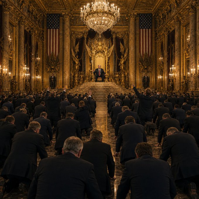 A grand, opulent ballroom filled with hundreds of men in suits kneeling before a figure seated on a golden throne beneath an American flag and crystal chandelier, evoking imperial ceremony. The image aligns with the post's reference to "Nero's Ballroom," capturing the dramatic, throne-room scene associated with the NFT collection.