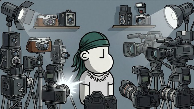 A cartoon figure wearing a green bandana and gold chain stands surrounded by an array of vintage and modern cameras, with studio lights framing the scene, while holding a camera at the center with a bright flash.

The image visually reinforces the post's "npc" metaphor—the stationary character amidst countless cameras suggests the subject hasn't moved because the photographer's story (and "season one") is just beginning, with more snapshots yet to come.