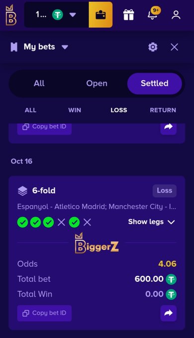 A mobile app screenshot showing a betting interface on BiggerZ with a settled 6-fold bet that resulted in a loss, displaying odds of 4.06, a total bet of 600.00, and games including Espanyol - Atletico Madrid and Manchester City.
