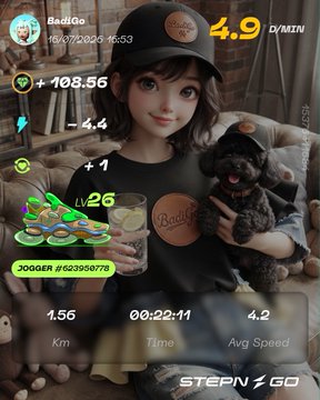 A 3D-rendered character wearing a black 'BadiGo' cap holds a puppy, with fitness stats displayed including '+108.56', '4.9 D/MIN', 'LV 26', and 'JOGGER #623950773' along with 'STEPN GO' branding.