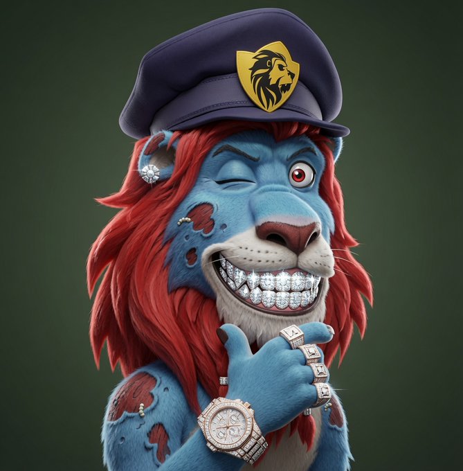 A stylized anthropomorphic lion character with blue fur, a vibrant red mane, diamond-encrusted grillz, and luxury watches/rings poses with a wink under a police-style cap bearing a lion emblem, fittingly representing the "Lazy Lions NFT" mascot in a flashy, rebellious style that aligns with the post's "Stay $LAZY @LazyLionsNFT" message.