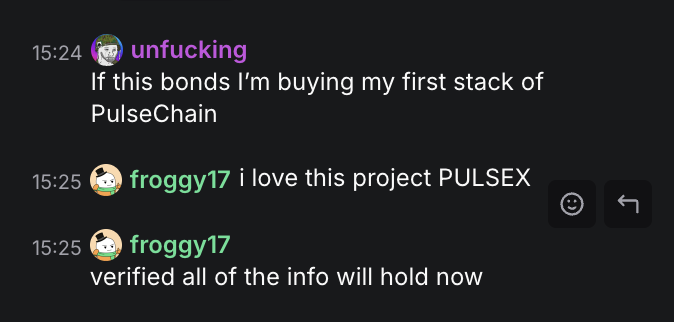 A Discord chat shows users "unfucking" and "froggy17" discussing buying into PulseChain and praising the "PULSEX" project, with one user claiming to have "verified all of the info." The image supports the post about a creator fee giveaway, highlighting community interest in $PLS and PulseChain.