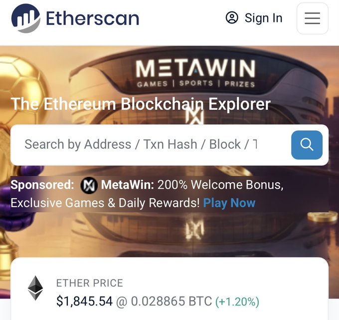 The image shows the Etherscan homepage, a popular Ethereum blockchain explorer, displaying an Ether price of $1,845.54 with a search bar for addresses, transaction hashes, and blocks. The accompanying post implies that Pi cryptocurrency lacks visibility on legitimate blockchain explorers like Etherscan, suggesting it isn't a genuine blockchain-based asset compared to Ethereum.