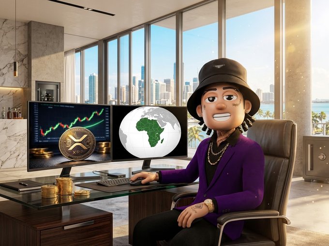 A 3D rendered cartoon character wearing a purple blazer and bucket hat sits at a desk with monitors displaying XRP coin and Africa, with stacks of gold coins nearby and a city skyline view.