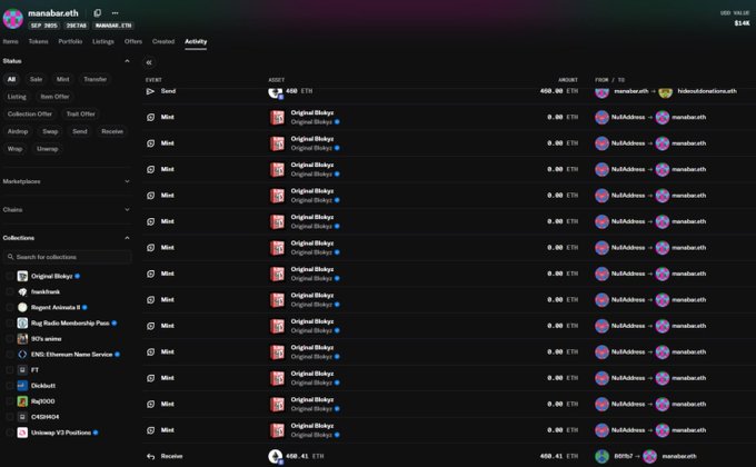 The image shows a user "nanabae.eth" activity page displaying their Blur NFT marketplace transaction history, featuring a $1.46 wallet balance, multiple "Mint" entries of "Original Blokyz" NFTs at 0.90 ETH each, and a final "Receive" transaction of 13 Original Blokyz NFTs valued at 458.41 ETH, which visually documents the degen trade highlighted in the post where the user won 13 Original Blokyz NFTs through a $1,150,000 ETH raffle purchase.
