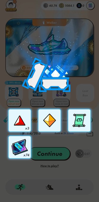 A mobile game screenshot titled "Walker" displays an Uncommon Minting scroll being opened, with rewards including 3 red gems, an orange gem, and a green "m" item alongside a "Continue" button and x74 sneaker icon. The image shows the activation screen for a STEPN MB lvl 5 minting scroll, with activation code 37264332 visible at the top and a 60-second timer.