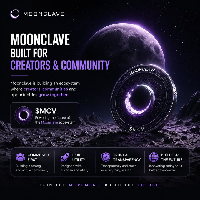 A promotional graphic for Moonclave featuring a $MCV token, with text 'MOONCLAVE BUILT FOR CREATORS & COMMUNITY' and bullet points highlighting Community First, Real Utility, Trust & Transparency, and Built for the Future.