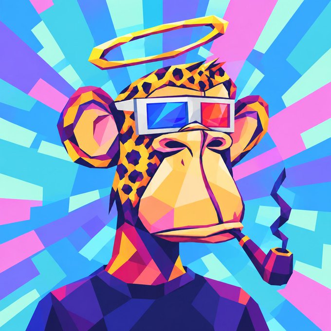 A colorful pop-art style digital illustration of a leopard-print monkey with 3D glasses, a halo, and a smoking pipe against a vibrant radiating background.