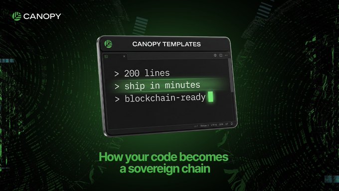 A promotional graphic for "CANOPY TEMPLATES" showing a terminal window with text including "> 200 lines" and "> blockchain-ready" over a dark green background, with the tagline "How your code becomes a sovereign chain."
