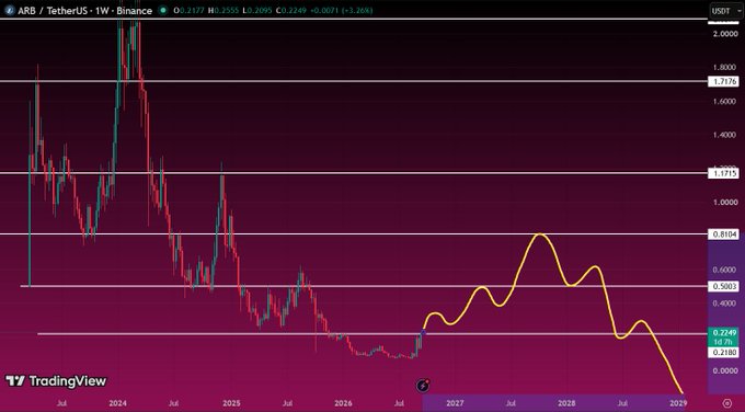 A TradingView chart of ARS/TetherUS (USDT) on Binance, displaying weekly candles with a dramatic decline in price and a projected forecast curve peaking around 2027-2028.