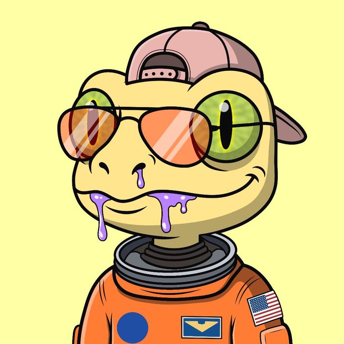 A cartoon frog wearing a pink backwards cap, orange-tinted sunglasses, and an orange astronaut-style suit featuring an American flag patch drips purple liquid from its mouth, fitting the space/crew theme of the GeckosSyndicate NFT giveaway post offering 10 GTD spots and a free mint of 1,111 supplies on ETH.