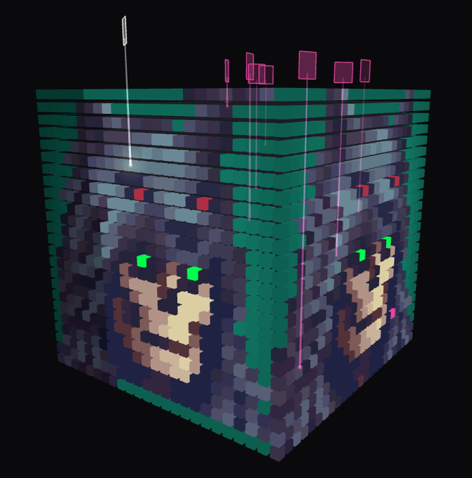 A pixelated 3D cube resembling a Minecraft block with a smiley face design, highlighted with markers and labels in a 3D modeling or game editing interface.