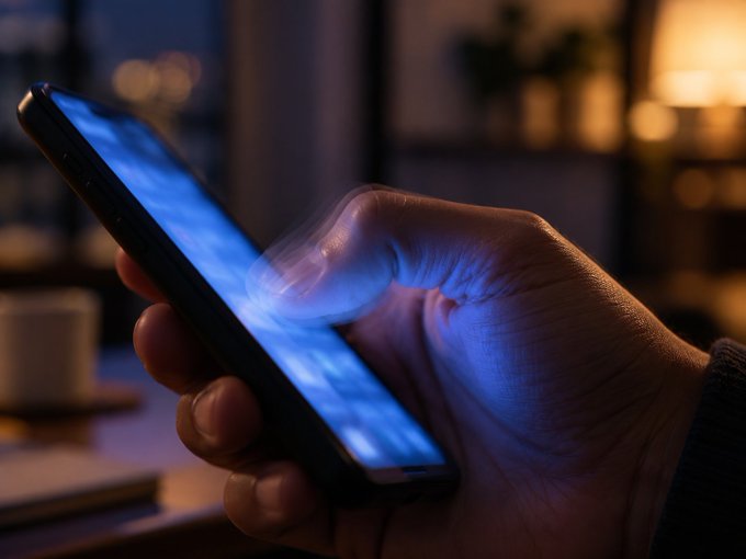 A hand grips a smartphone in a dimly lit room, with a soft blue glow illuminating the thumb poised to refresh.