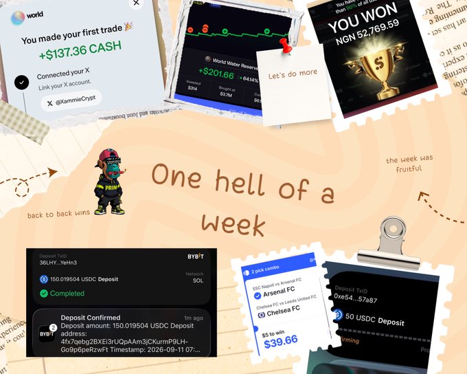 A collage celebrating a successful week, featuring screenshots of trading wins including '$137.36 CASH' from a first trade, a '+5201.66' World Water Reserve gain, a 'YOU WON NGN 52,769.59' trophy, 'USDC Deposit' confirmations, and a 3-peat combo prediction win, with text reading 'One hell of a week' and 'back to back wins'.