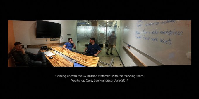 A group of four people sit around a wooden table in a cafe, with a whiteboard showing brainstormed words like 'marketplace' and 'assets'; text reads 'Coming up with the Ox mission statement with the founding team. Workshop Cafe, San Francisco, June 2017.'