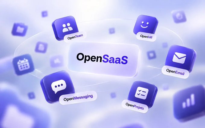A promotional graphic for 'OpenSaaS' featuring a central logo surrounded by app icons for OpenTeam, OpenHR, OpenEmail, OpenMessaging, and OpenProjects, set against a light blue background.
