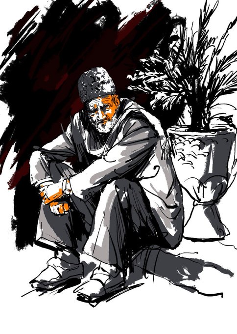 A contemplative man in a beanie sits slumped beside a potted plant, rendered in expressive black, white, and gray ink with striking orange accents on his face and hands. The melancholic, introspective mood of the artwork mirrors the post's meditation on quiet disappearing works finding their place, with the remaining 5 editions suggested as the final resting homes for this fleeting piece.