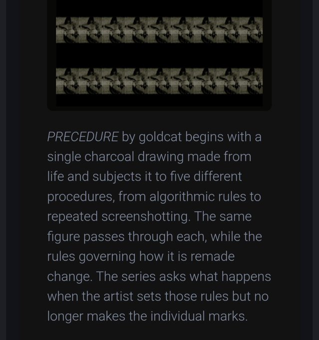 The image shows two rows of repeated, distorted silhouettes in dark tones at the top, above descriptive text explaining that "PROCEDURE by golddcat begins with a single charcoal drawing made from life and subjects it to five different procedures, from algorithmic rules to repeated screenshottting," exploring what happens when the artist sets transformation rules but no longer makes individual marks. This relates to the objct newsletter feature by presenting golddcat's generative artwork where the same figure is systematically remade through different procedural methods.