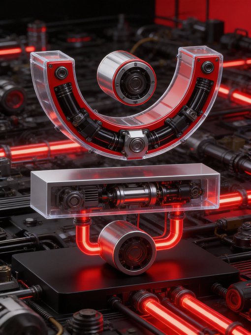 A futuristic red-and-black industrial assembly of transparent housings revealing interlocking mechanical components and glowing red conduits, symbolizing the tightly integrated machinery of the JUST DeFi ecosystem on the TRON network. The interconnected gears and tubes visually represent how lending, stablecoins, and other financial services function as one unified system rather than isolated tools.