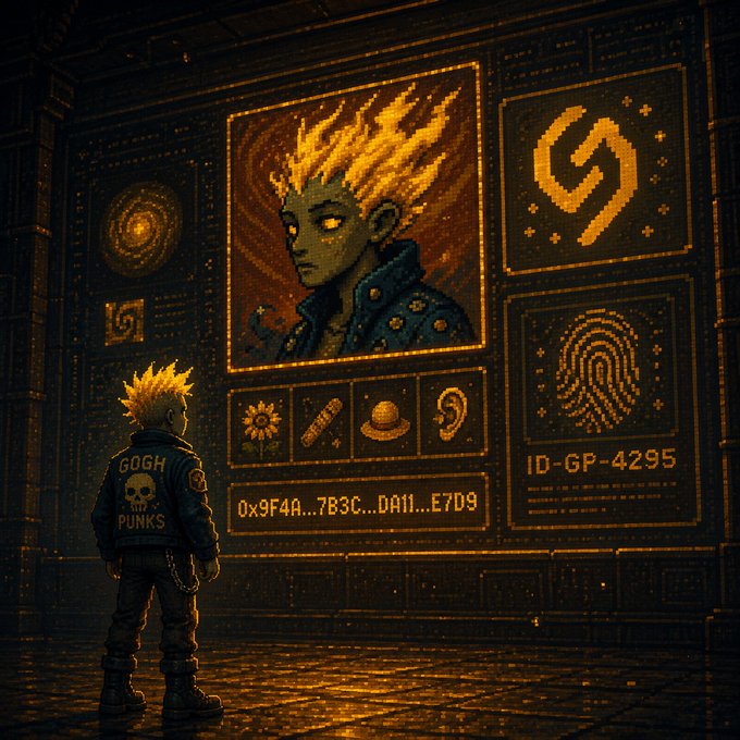 A digital pixel art illustration depicts a figure in a GOGH PUNKS jacket looking at a glowing screen displaying a flaming-haired cyberpunk character with ID-GP-4295 and a hash code '0x9F4A...7B3C...DA11...E7D9'.