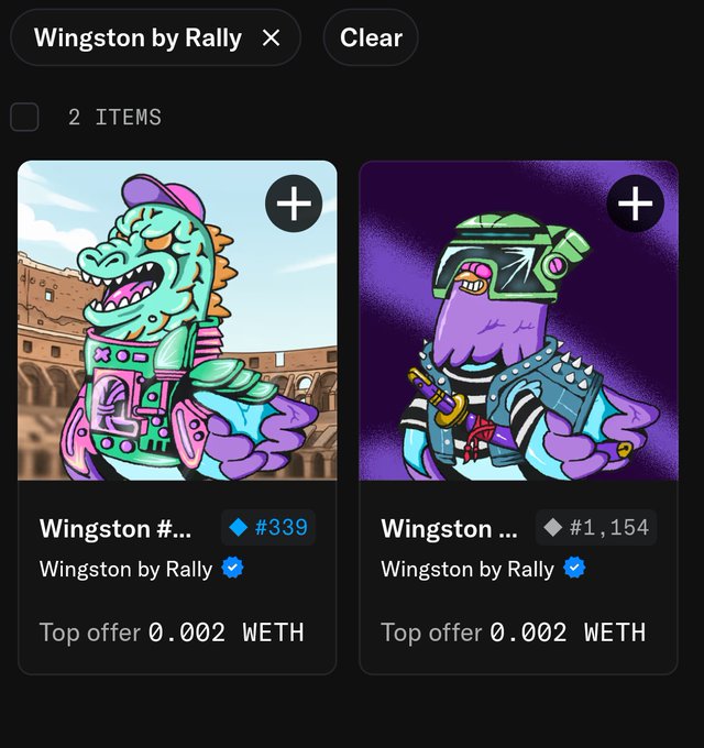Two Wingston by Rally NFT listings (#339 and #1,154) are displayed on a marketplace, both with a top offer of 0.002 WETH, visually reflecting the steep 85%+ decline from the mint price mentioned in the post.