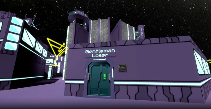 A futuristic purple building labeled 'Gentleman Loser' is shown in a sci-fi setting under a starry night sky.