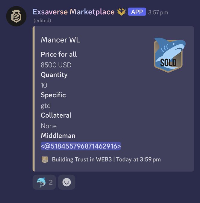 A Discord post from Exsaverse Marketplace showing a sold listing for 'Mancer WL' at 8500 USD for quantity 10, with a shark 'SOLD' badge and bot tag.