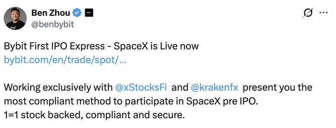 A screenshot of a social media post with a caption by Ben Zhou. The post details that Bybit has launched an initial public offering (IPO) for their XStocks.Co tokenized in partnership with xStocks. Spot trading is expected to begin on June 12.