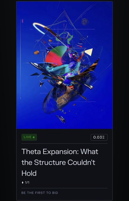 The image features a blue background with an abstract design that includes a bird flying through space surrounded by various shapes and colors, including triangles, circles, and lines. The text at the bottom of the image reads "Thetas Expansion. What the Structure Couldn't Hold". This phrase is likely related to the post about musical experiences on social media, as it suggests that the content being shared might be a new or innovative approach to music production or consumption.