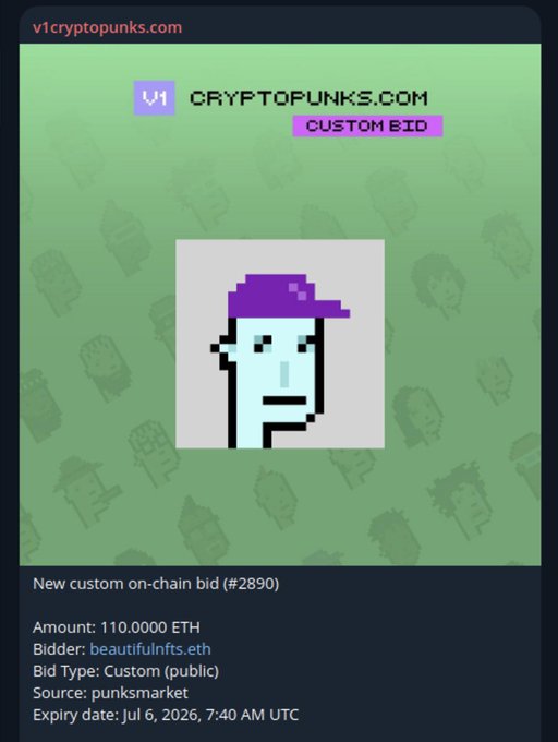 A v1.cryptopunks.com custom bid screen showing CryptoPunk #2890 with a purple cap, bid amount of 110 ETH from beautifulnfts.eth via punksmarket.
