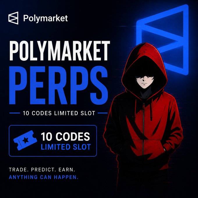 An advertisement for "Polymarket Perps" featuring an anime-style character in a red hoodie and text reading "10 CODES LIMITED SLOT" with the tagline "TRADE. PREDICT. EARN. ANYTHING CAN HAPPEN."