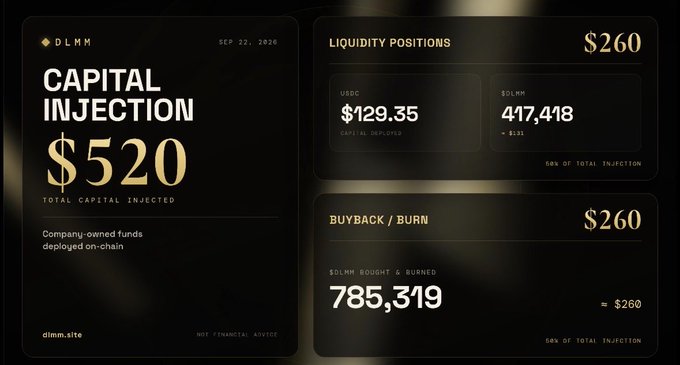 Financial dashboard dated Sep 22, 2026 showing $520 total capital injection for $DLMM, with $260 each in liquidity positions (USDC $129.35, $DLMM 417,418) and buyback/burn (785,319 tokens).
