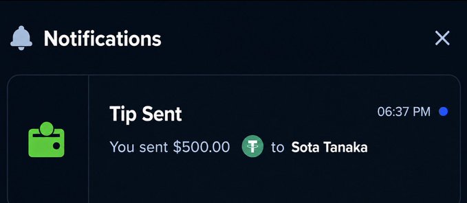 A dark-themed "Notifications" pop-up showing "Tip Sent" at 06:37 PM, indicating a $500.00 Tether (USDT) transfer to "Sota Tanaka."