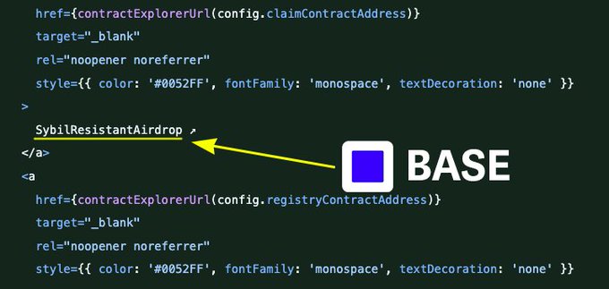 The image shows an HTML page with a code block that contains information about a Sybil-resistant airdrop feature for a Base project. The text indicates that the feature has been tested, and there are references to a GitHub repository where the feature is being tested. This implies that the code in the image might be related to a specific aspect of the Base ecosystem or a particular project on the GitHub platform.