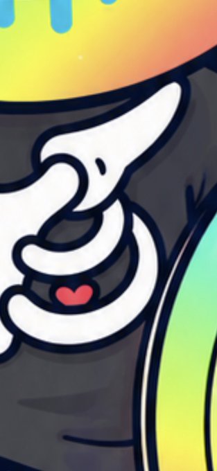 A close-up cartoon illustration of a character's hand with a small red heart on the palm, set against a colorful tie-dye background, with a skeletal ribcage visible.