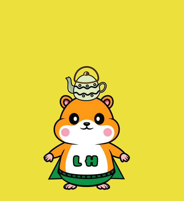A cute cartoon hamster character with an orange body, white belly with 'LH' on it, and a small teapot balanced on its head, set against a yellow background.