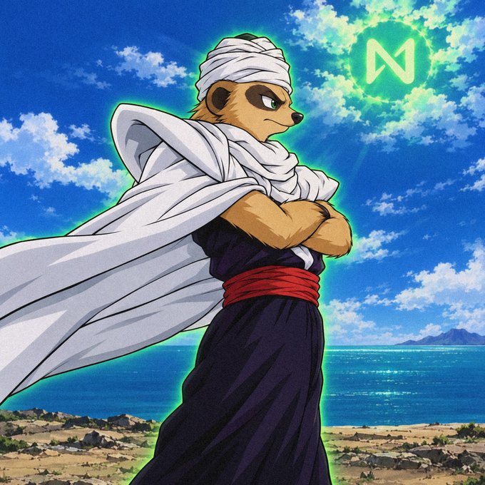 An anime-style illustration of a tan, masked anthropomorphic animal character wearing a white turban and cape with a glowing green 'N' symbol in the sky.